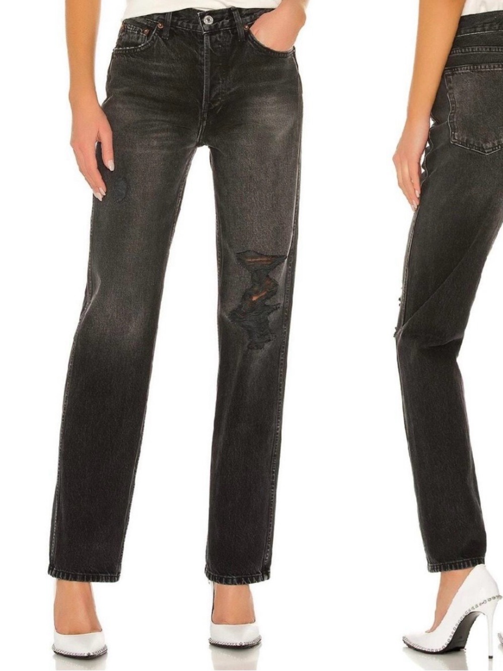 RE/DONE High Rise Loose Jeans Straight Leg Jeans in Black Waist 28